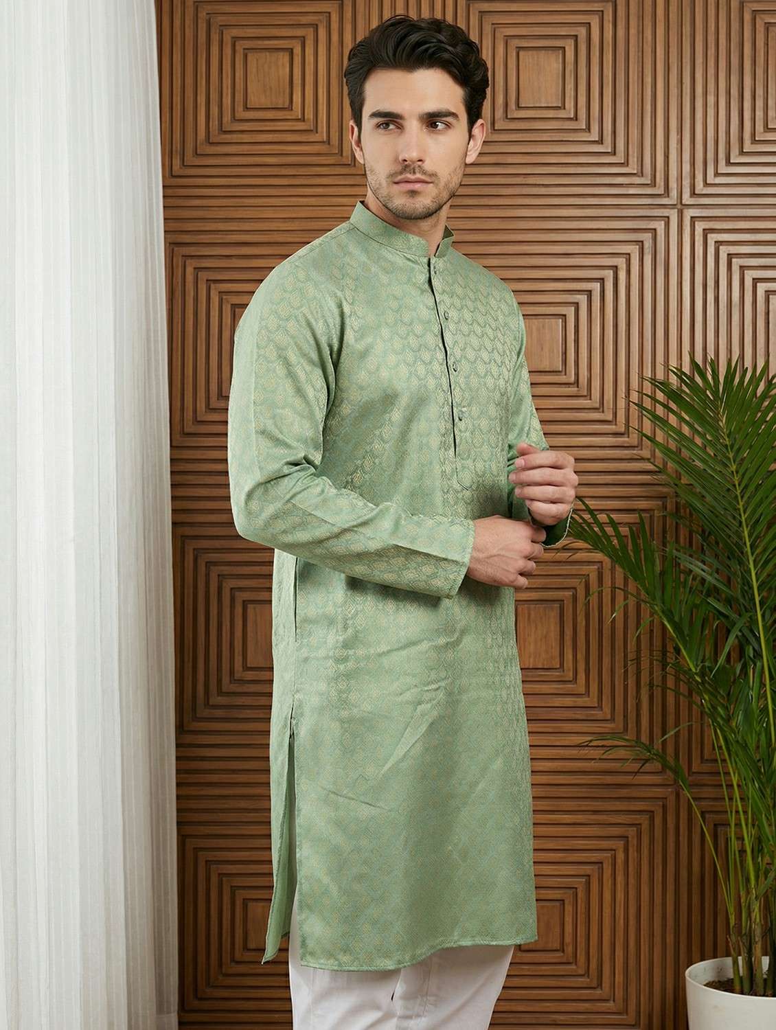 men self design mandarin neck long kurta - 22442859 -  Standard Image - 2