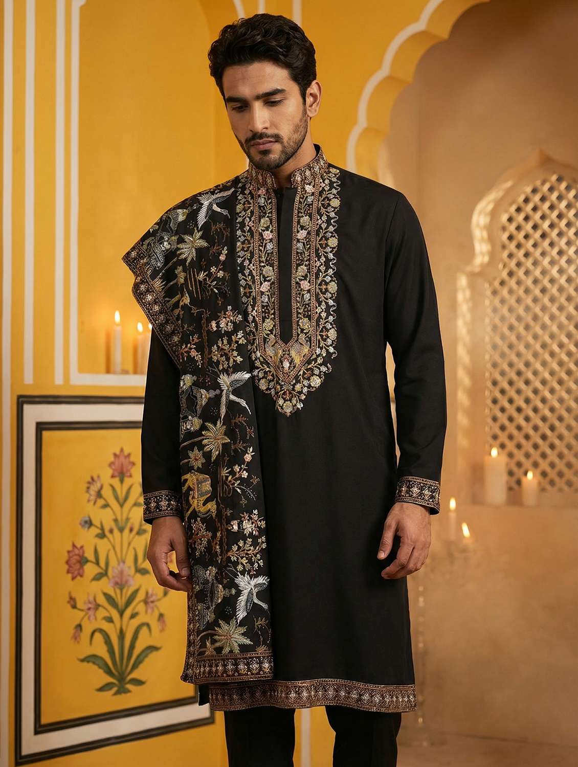 men solid with work mandarin neck long kurta - 22442871 -  Standard Image - 2