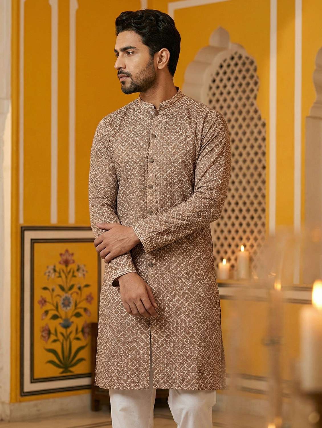 men solid with work mandarin neck long kurta - 22442872 -  Standard Image - 2