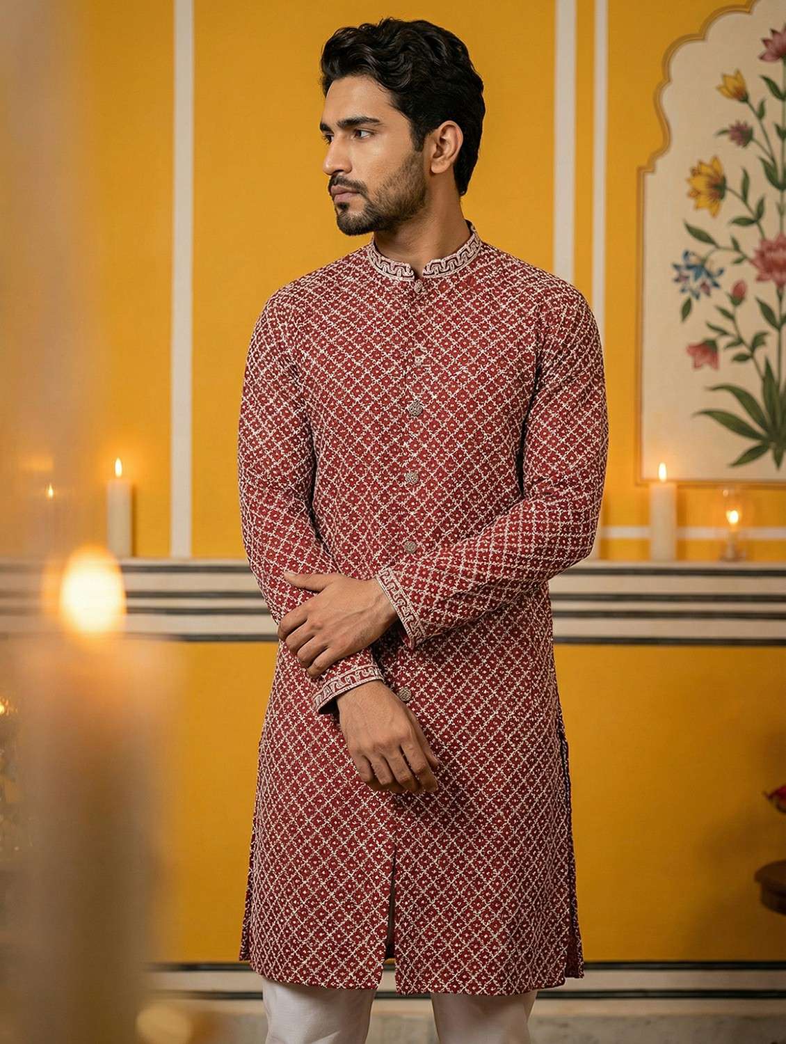 men solid with work mandarin neck long kurta - 22442873 -  Standard Image - 2