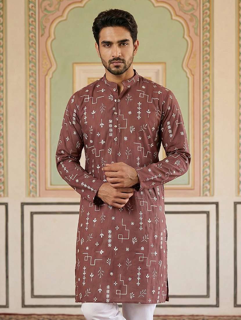 men solid with work mandarin neck long kurta - 22442874 -  Standard Image - 2