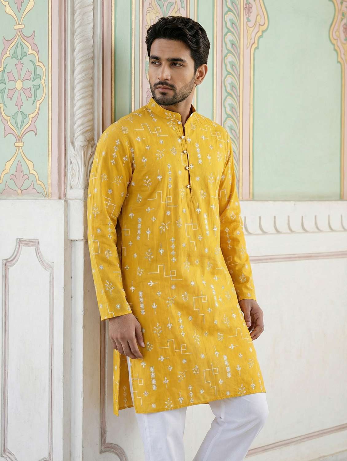 men solid with work mandarin neck long kurta - 22442875 -  Standard Image - 2