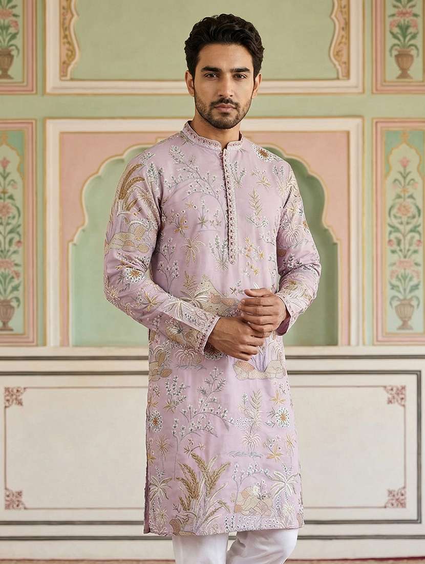 men solid with work mandarin neck long kurta - 22442878 -  Standard Image - 2