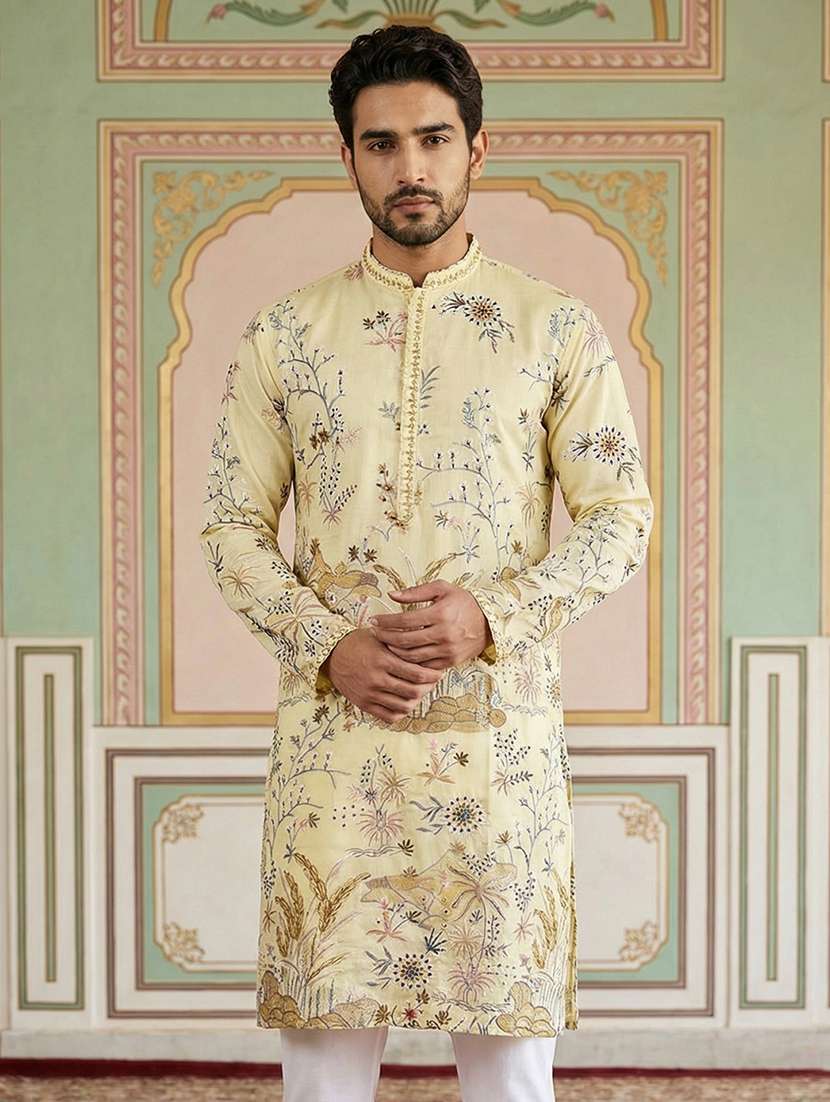 men solid with work mandarin neck long kurta - 22442879 -  Standard Image - 2
