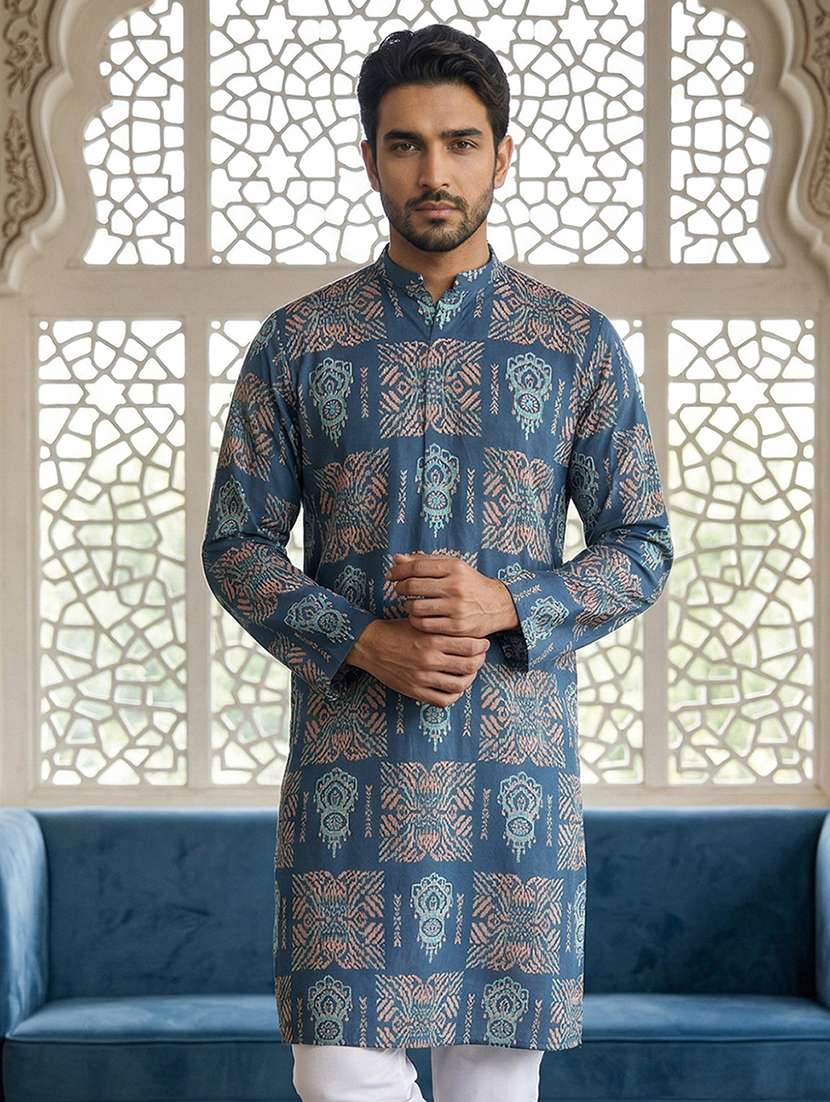 men printed mandarin neck long kurta - 22442885 -  Standard Image - 2
