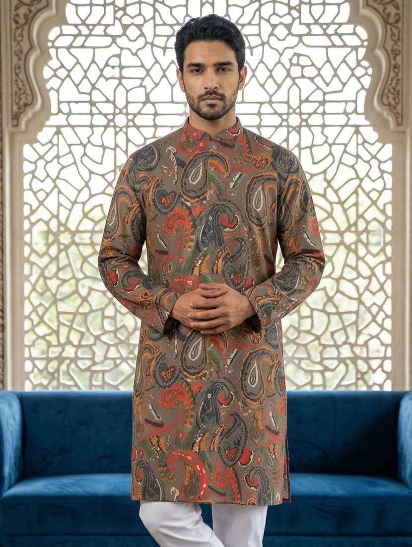 men printed mandarin neck long kurta - 22442886 -  Standard Image - 2