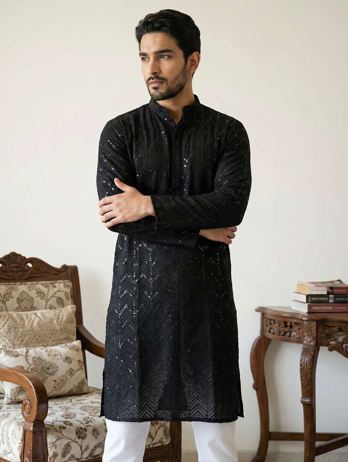 men solid with work mandarin neck long kurta - 22442890 -  Standard Image - 2