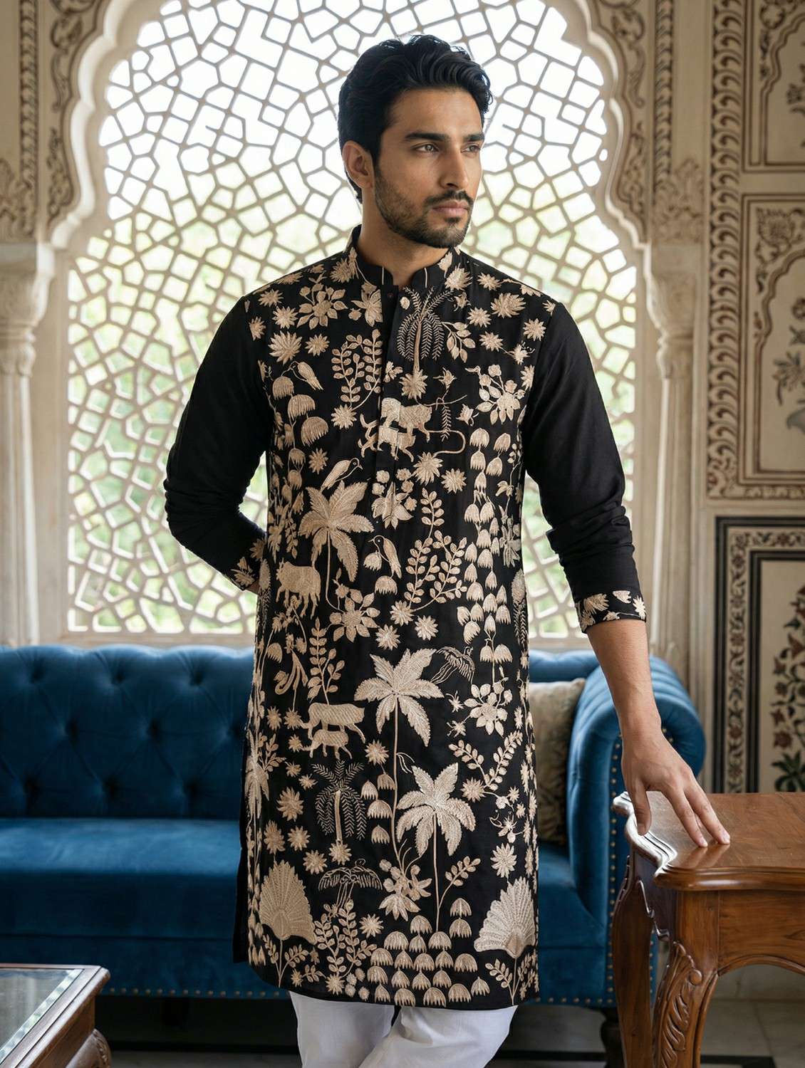 men solid with work mandarin neck long kurta - 22442892 -  Standard Image - 2