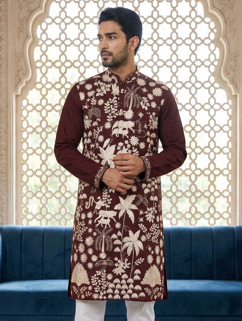 men solid with work mandarin neck long kurta - 22442894 -  Standard Image - 2