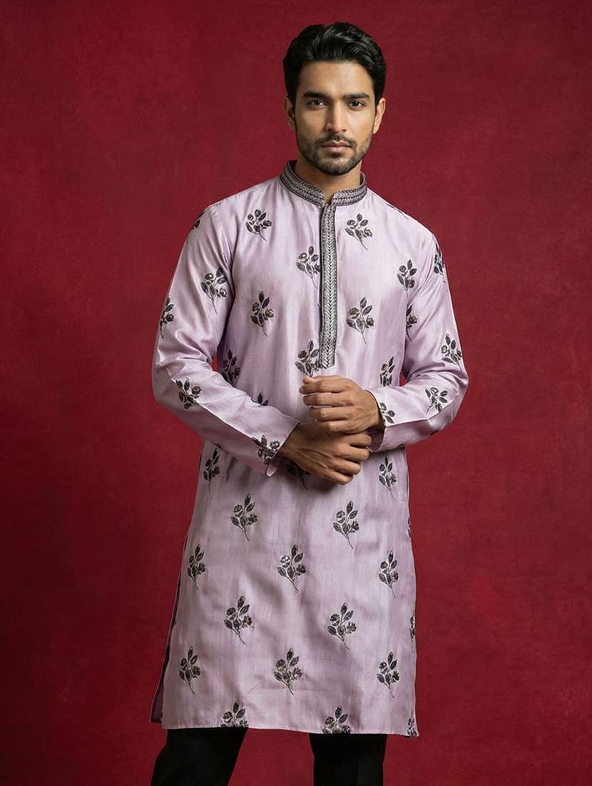 men solid with work mandarin neck long kurta
