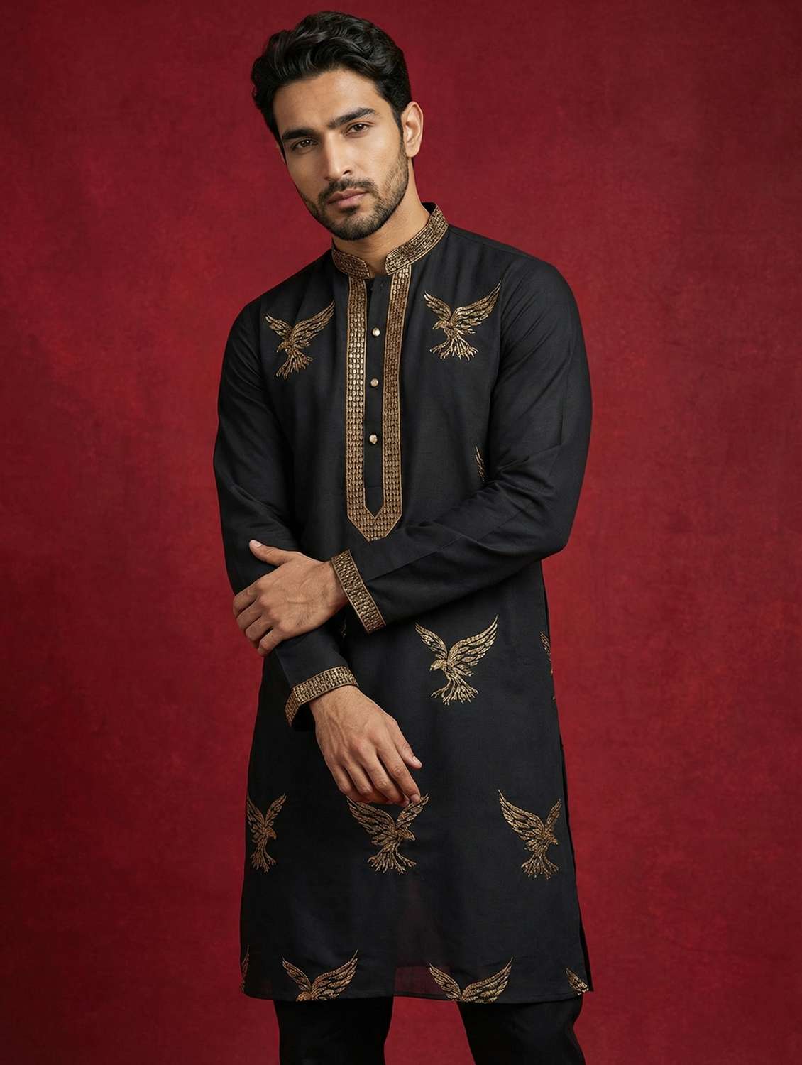men solid with work mandarin neck long kurta - 22442900 -  Standard Image - 2