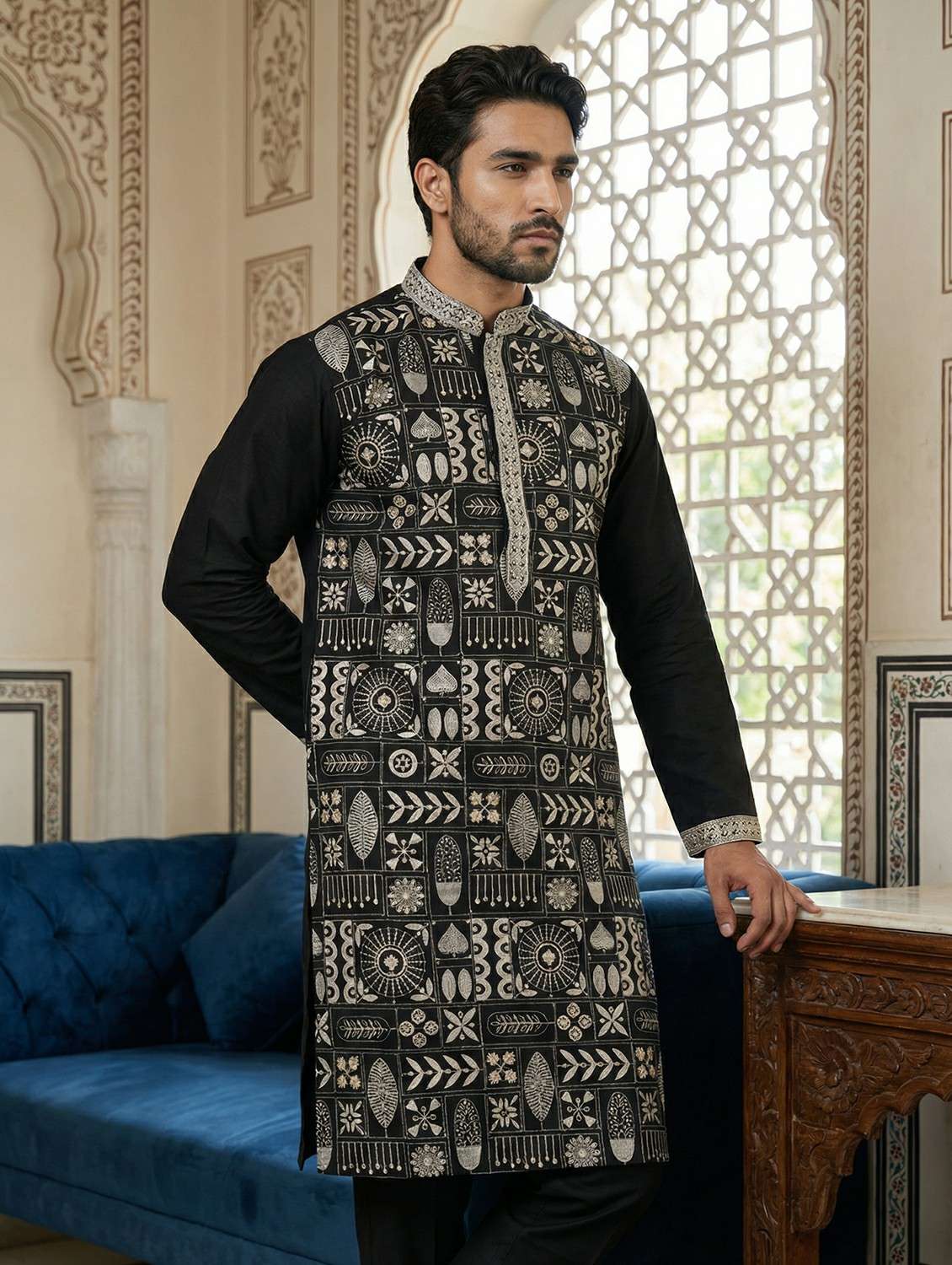 men solid with work mandarin neck long kurta - 22442902 -  Standard Image - 2