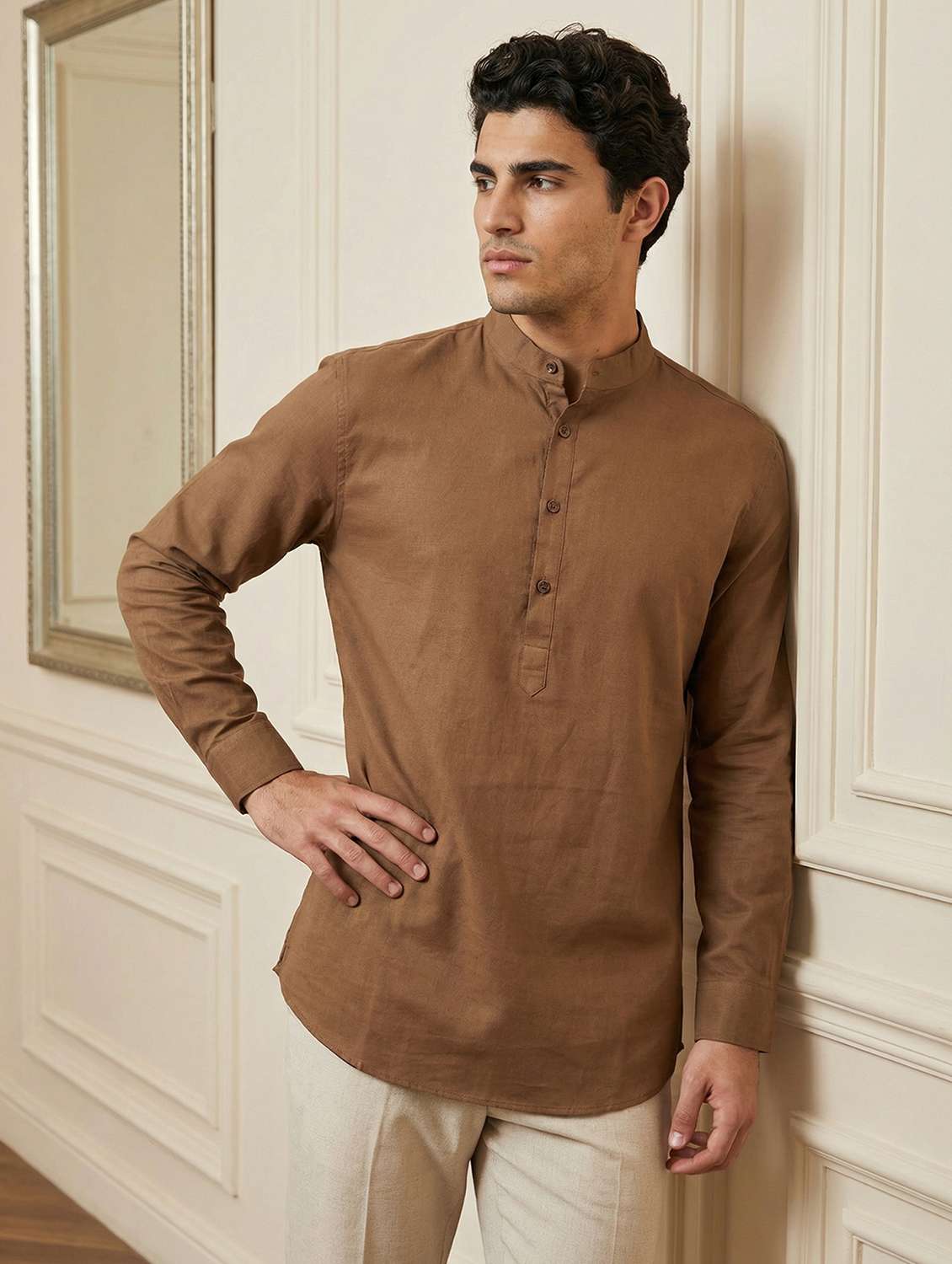 men solid mandarin neck short kurta - 22442906 -  Standard Image - 2