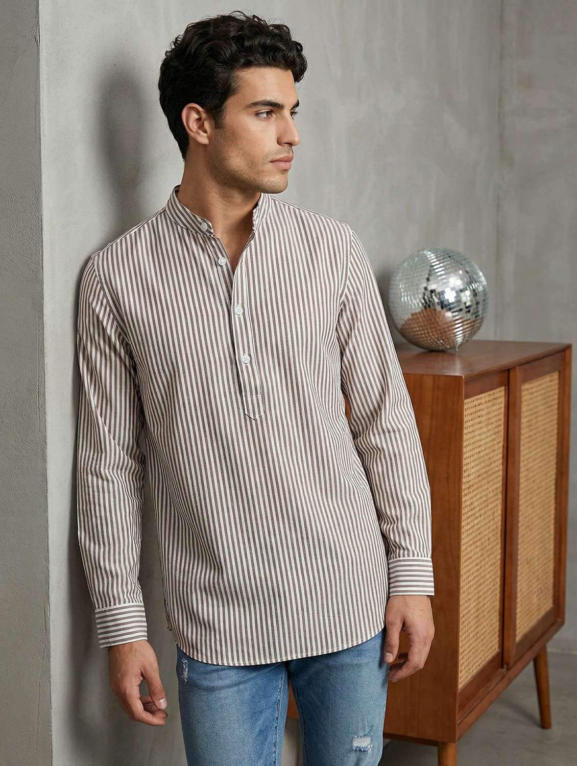 men striped mandarin neck short kurta