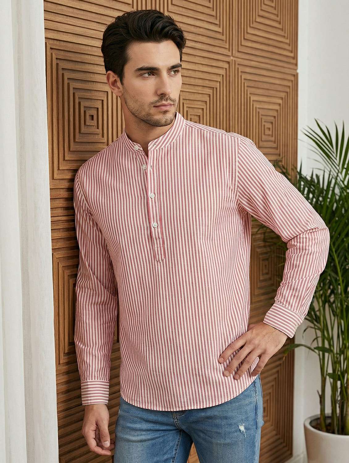 men striped mandarin neck short kurta - 22442911 -  Standard Image - 2