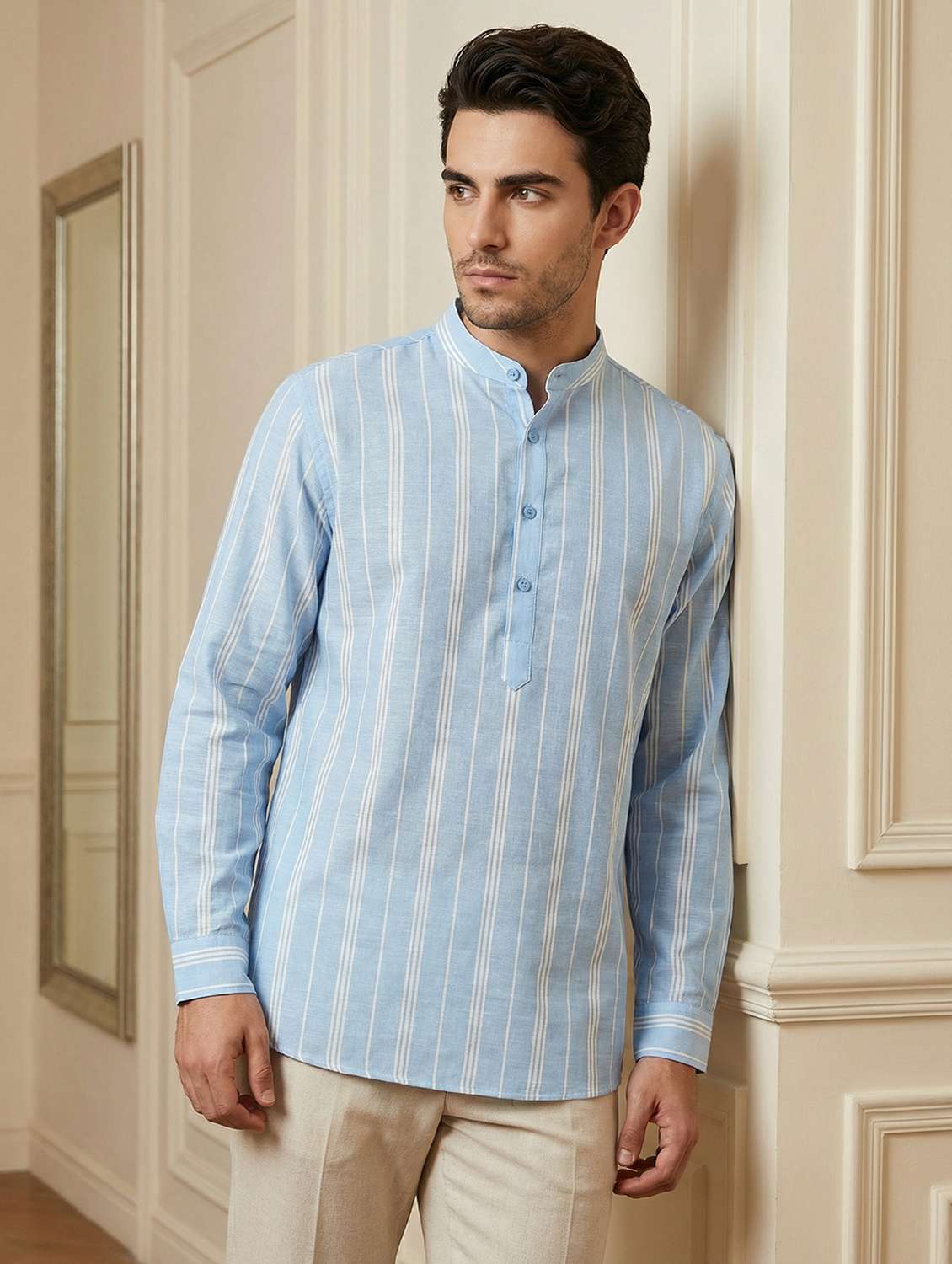 men striped mandarin neck short kurta - 22442915 -  Standard Image - 2