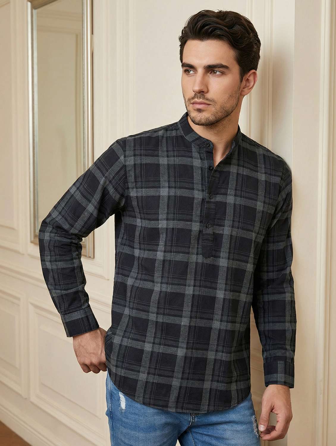 men checkered mandarin neck short kurta - 22442916 -  Standard Image - 2
