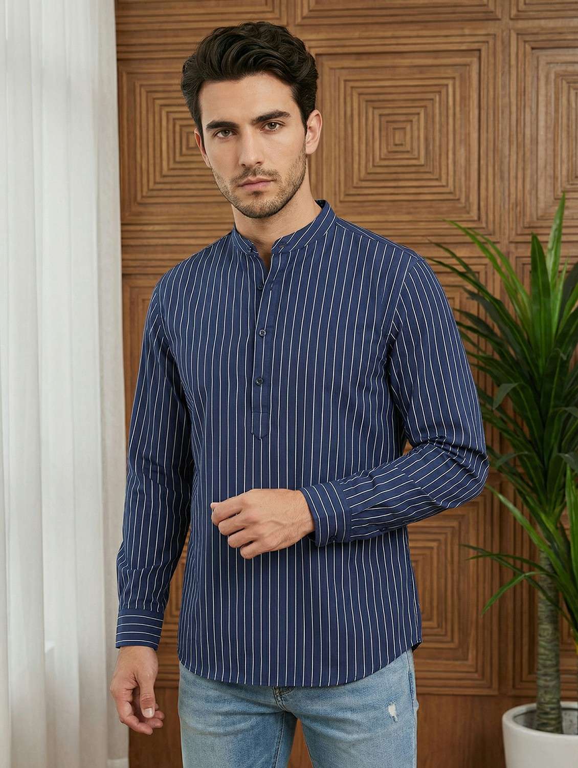 men striped mandarin neck short kurta