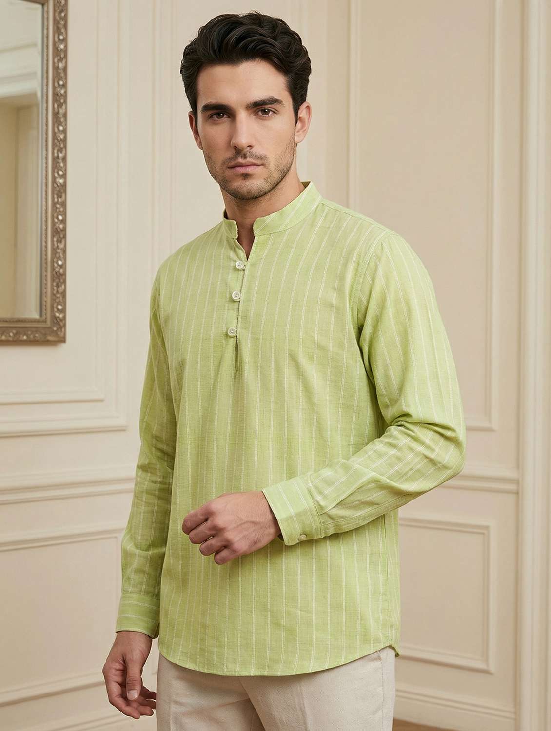 men striped mandarin neck short kurta - 22442924 -  Standard Image - 2