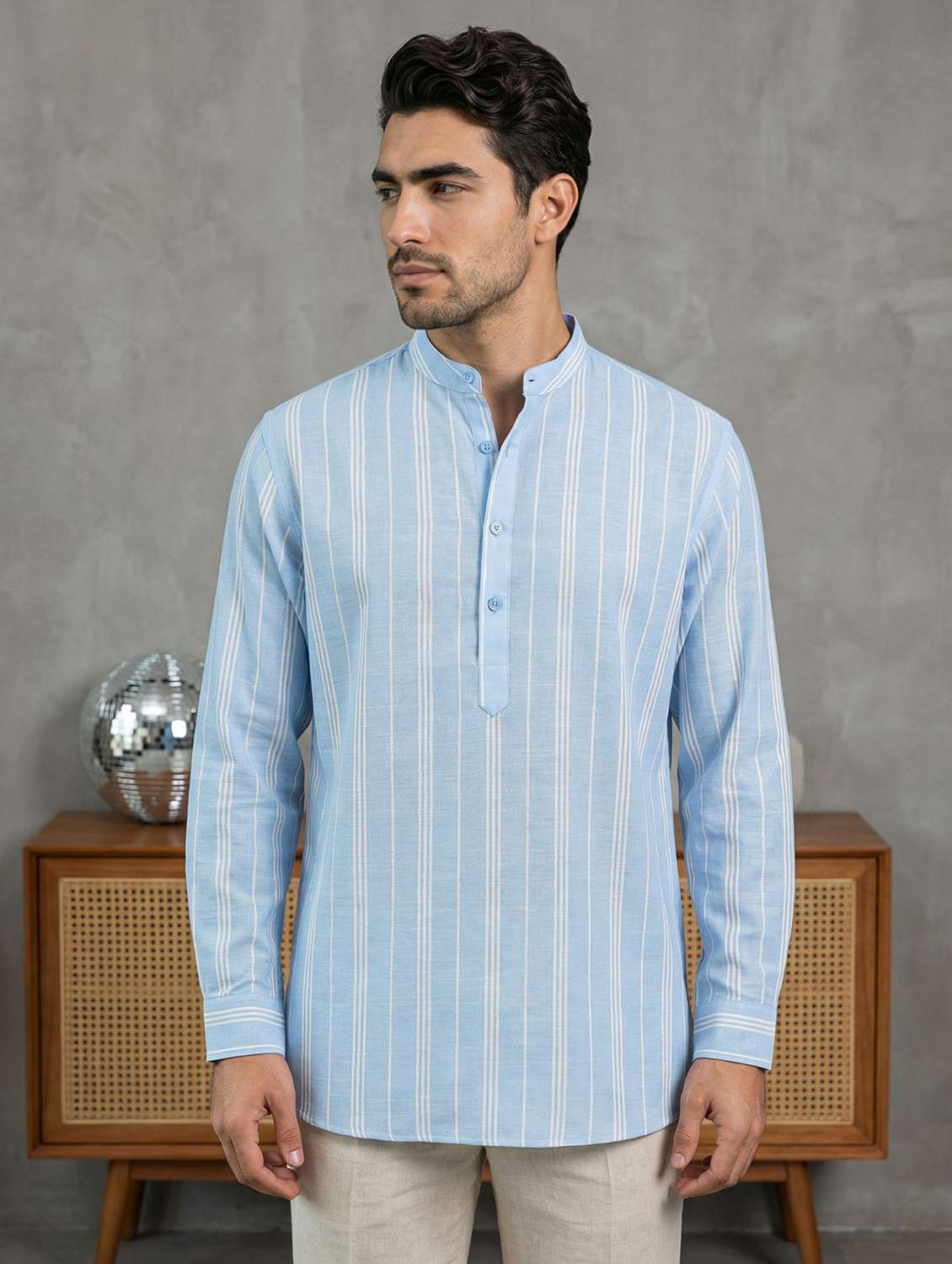 men striped mandarin neck short kurta - 22442926 -  Standard Image - 2