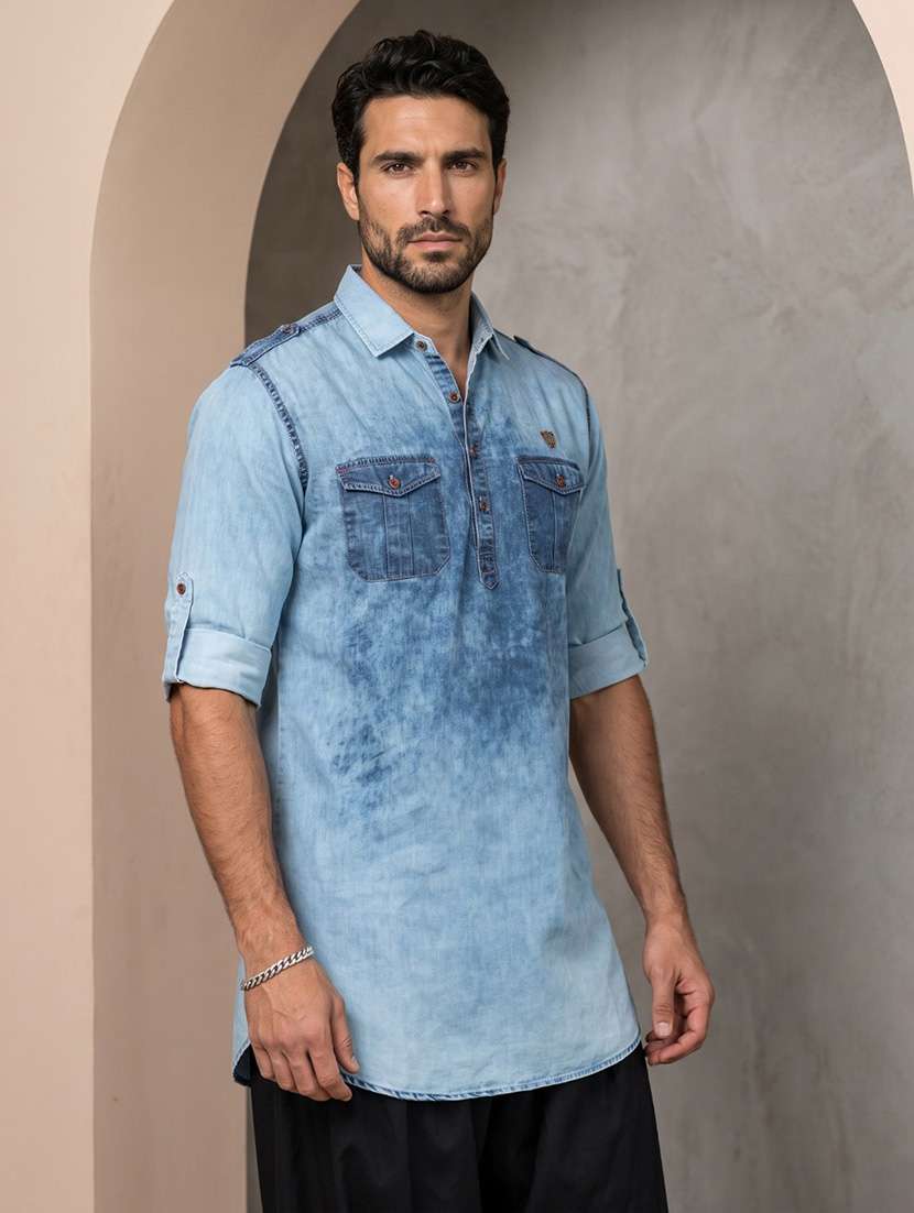 men solid long sleeve pathani kurta