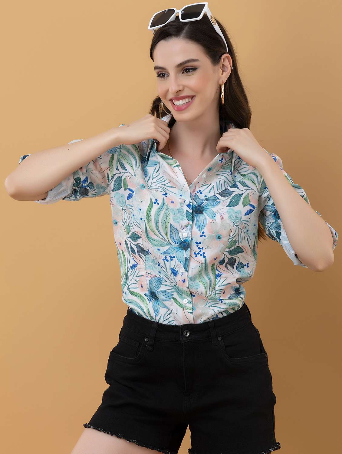 women printed collared long sleeve shirt