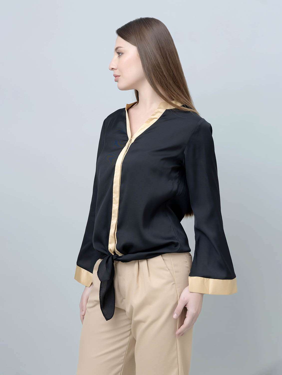 women solid black satin regular shirt - 22443502 -  Standard Image - 2