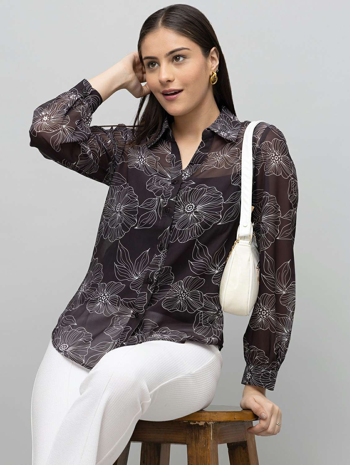 women printed collared long sleeve sheer shirt