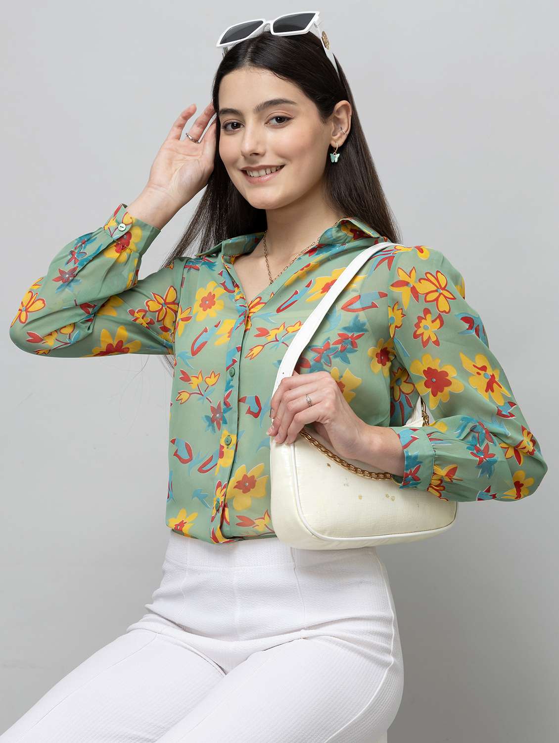 women printed collared long sleeve sheer shirt