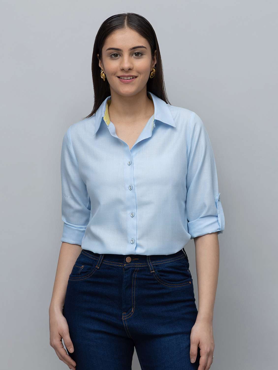 Women Solid Blue Linen Blend Regular Shirt - 22443511 -  Standard Image - 2