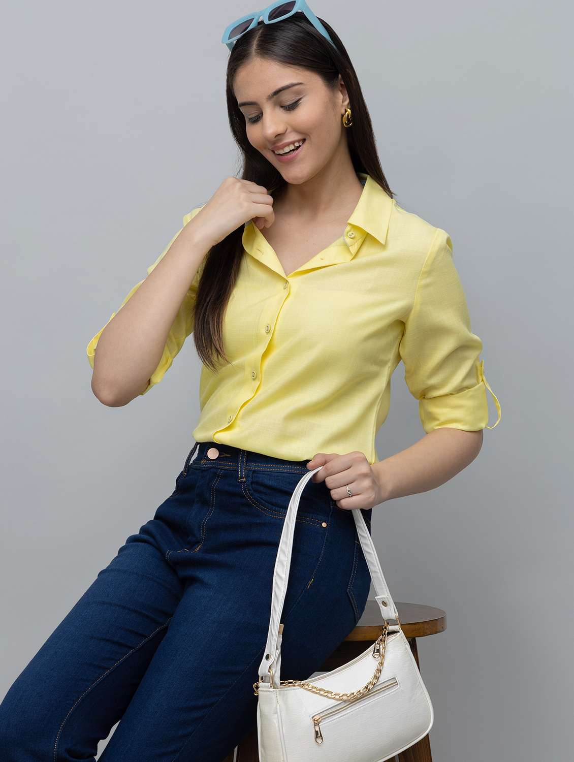 women solid yellow linen blend regular shirt