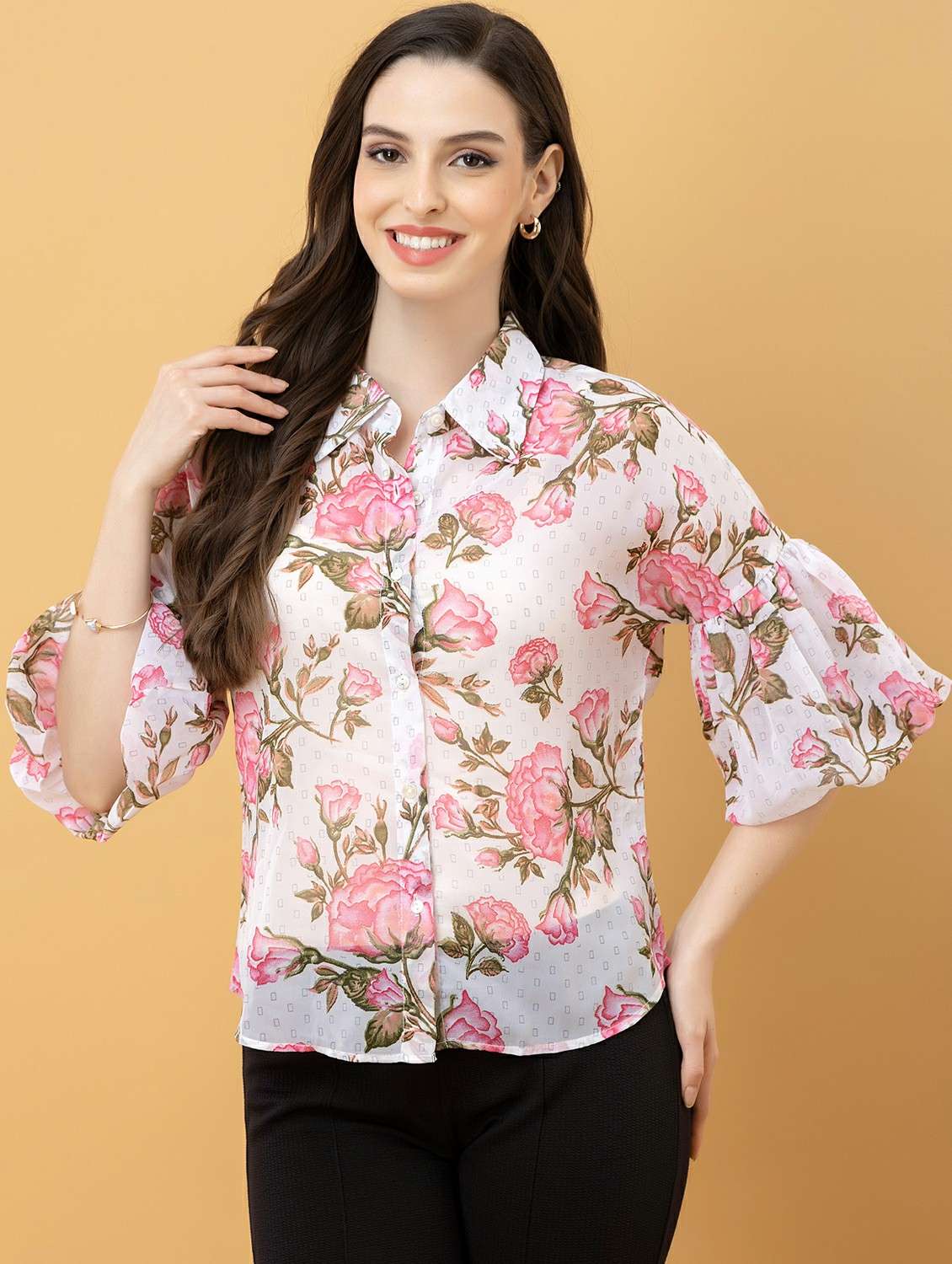 women floral white georgette regular shirt - 22443514 -  Standard Image - 2