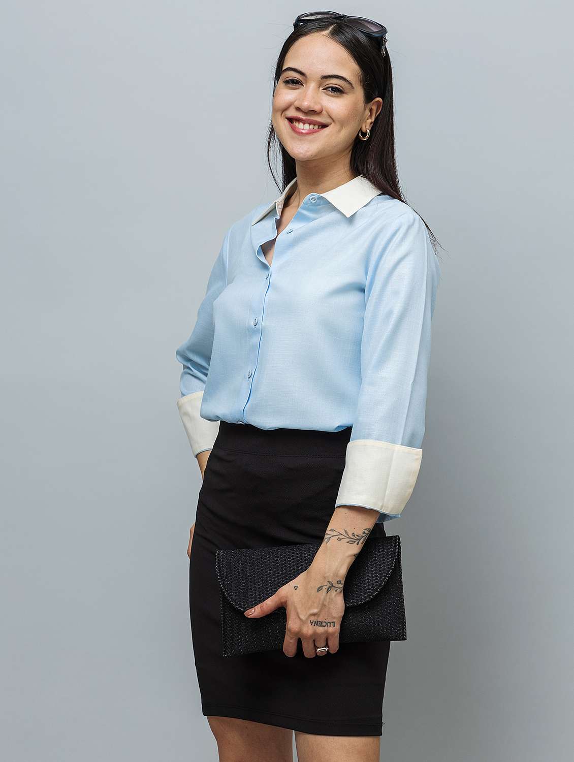 women solid blue linen blend regular shirt