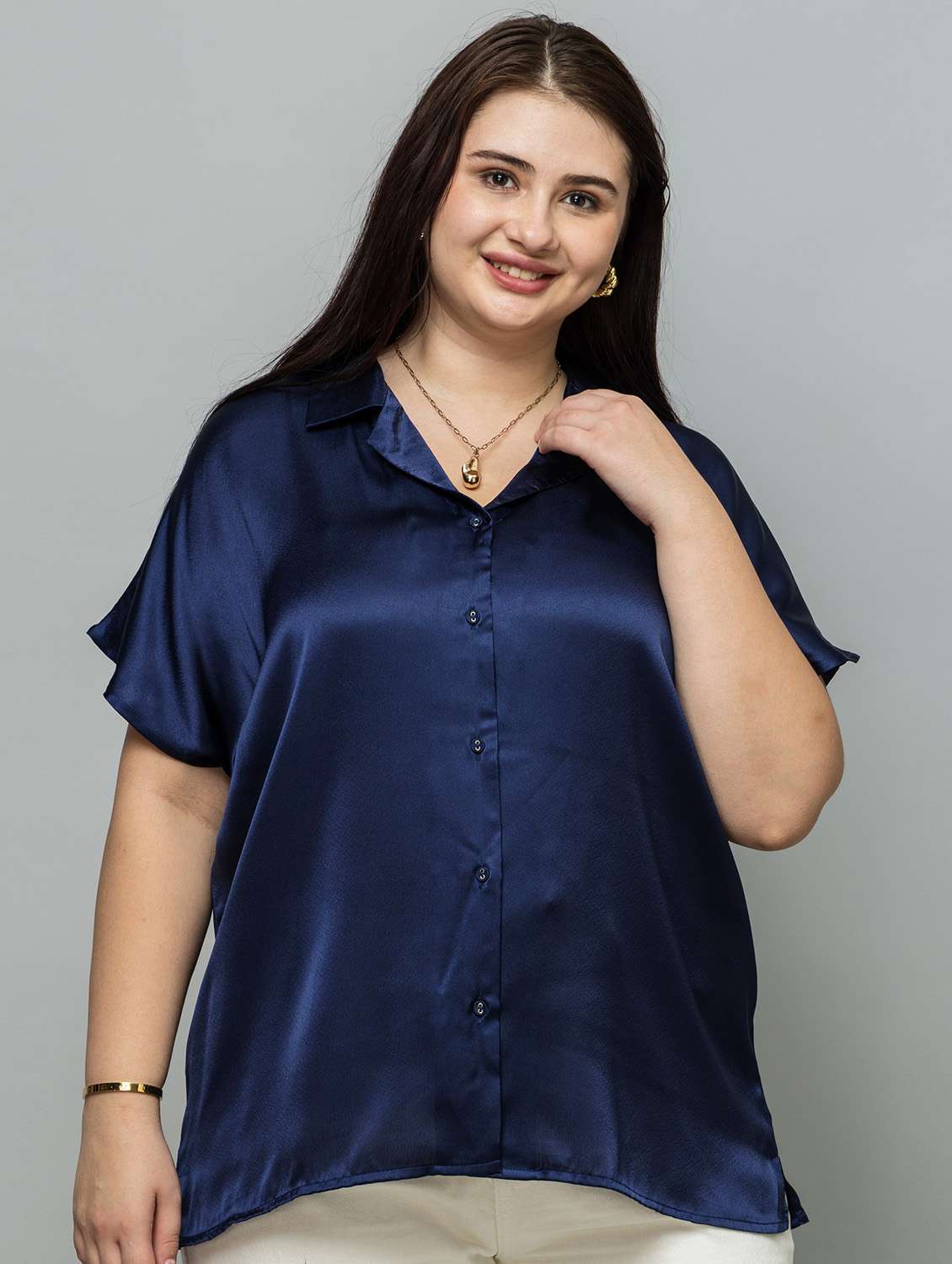 women solid navy blue satin regular shirt - 22443522 -  Standard Image - 2