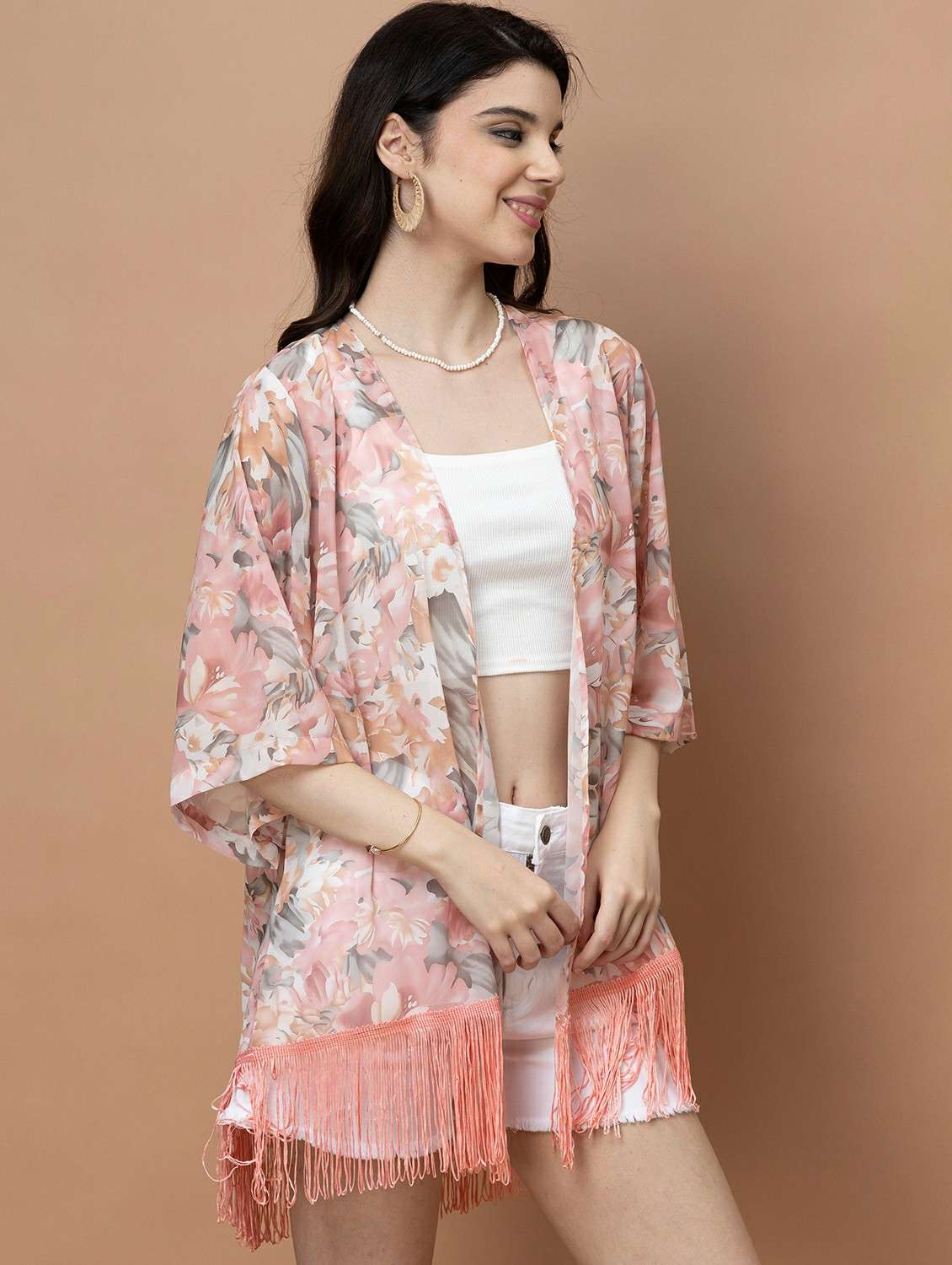 women printed three quarter sleeve sheer shrug - 22443540 -  Standard Image - 2
