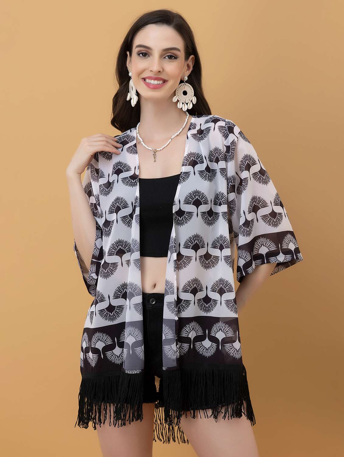 Women Printed Three Quarter Sleeve Shrug - 22443548 -  Standard Image - 2