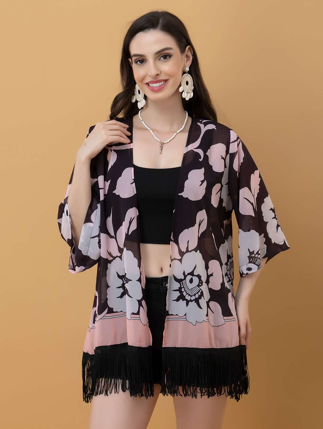 women printed three quarter sleeve shrug - 22443549 -  Standard Image - 2
