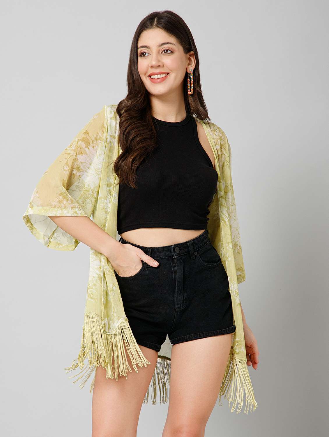 women printed three quarter sleeve sheer shrug