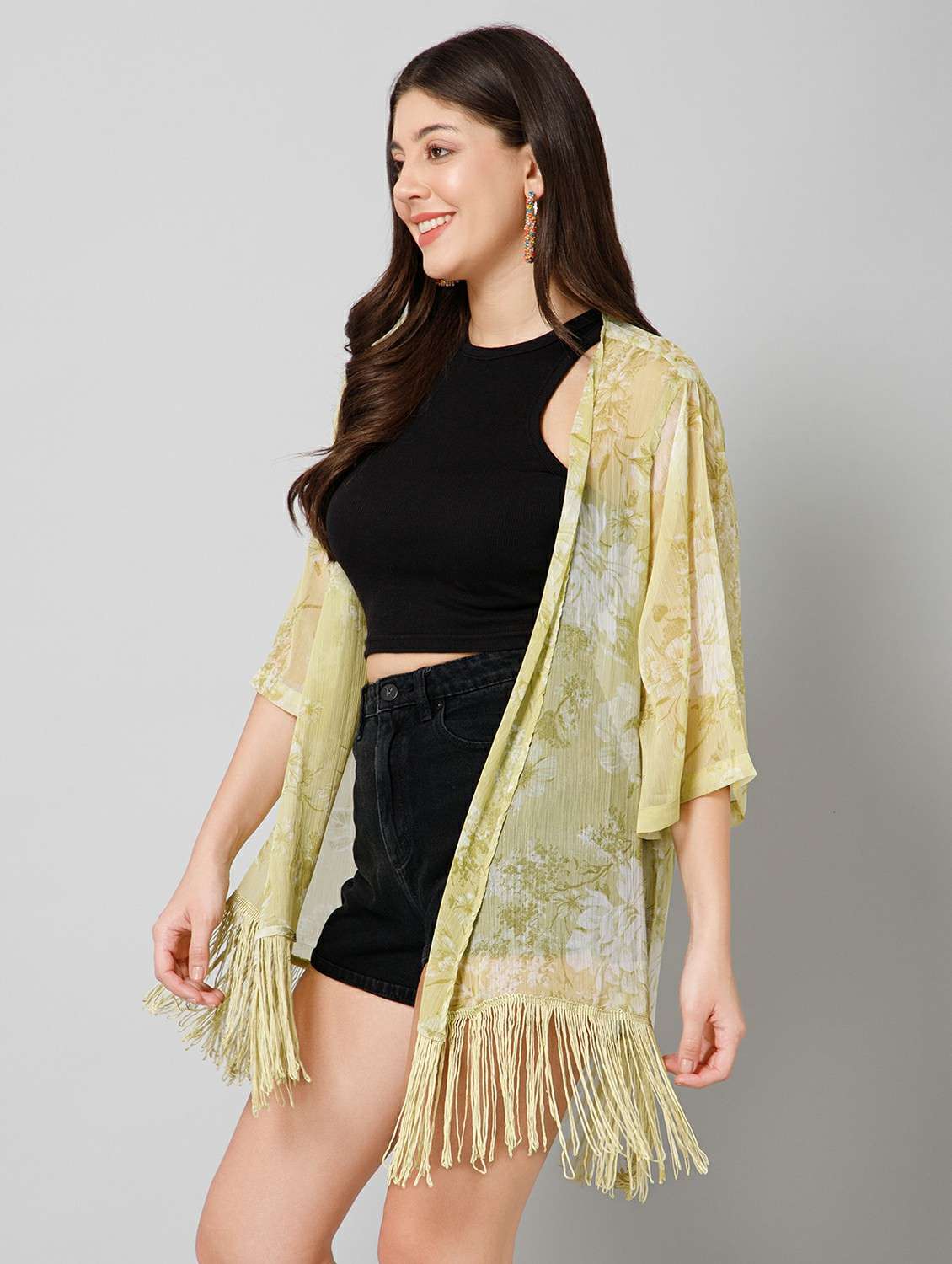 women printed three quarter sleeve sheer shrug - 22443555 -  Standard Image - 2