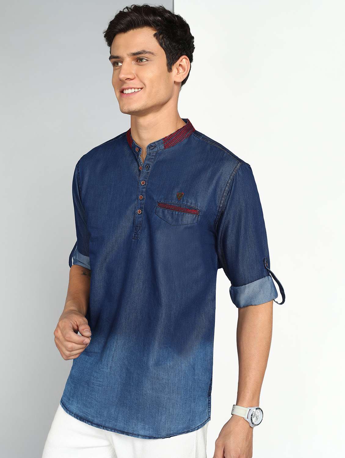 men ombre mandarin neck short kurta - 22443558 -  Standard Image - 2