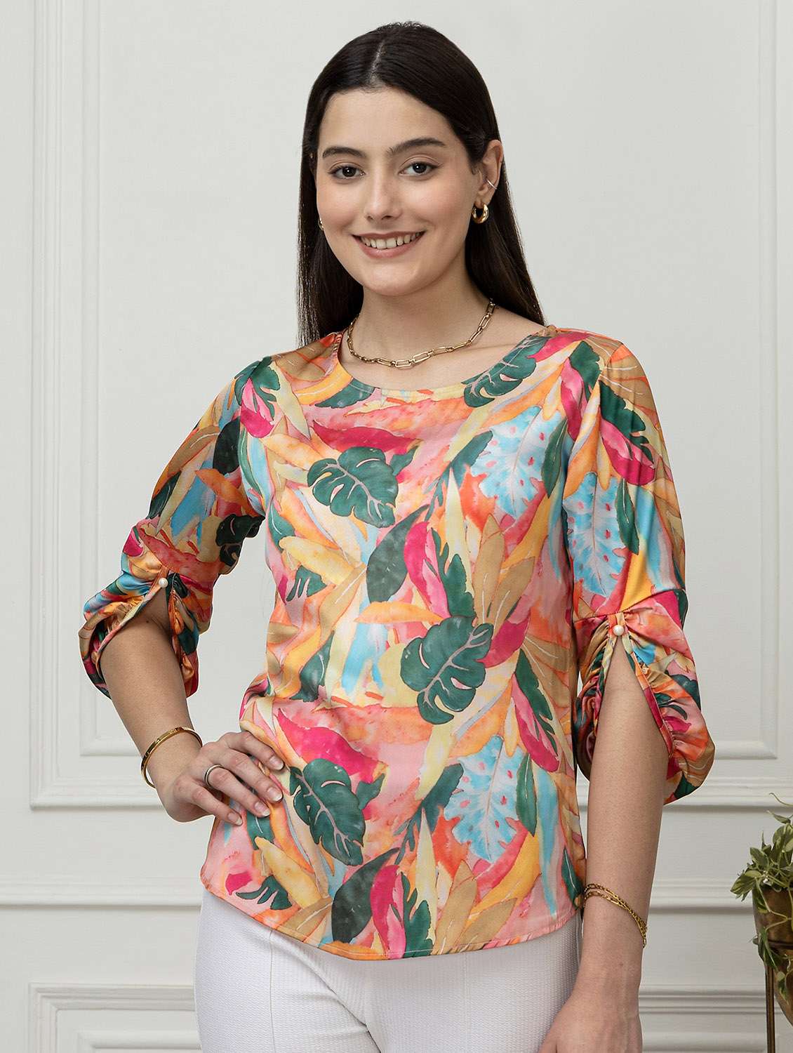 women floral pink satin regular top