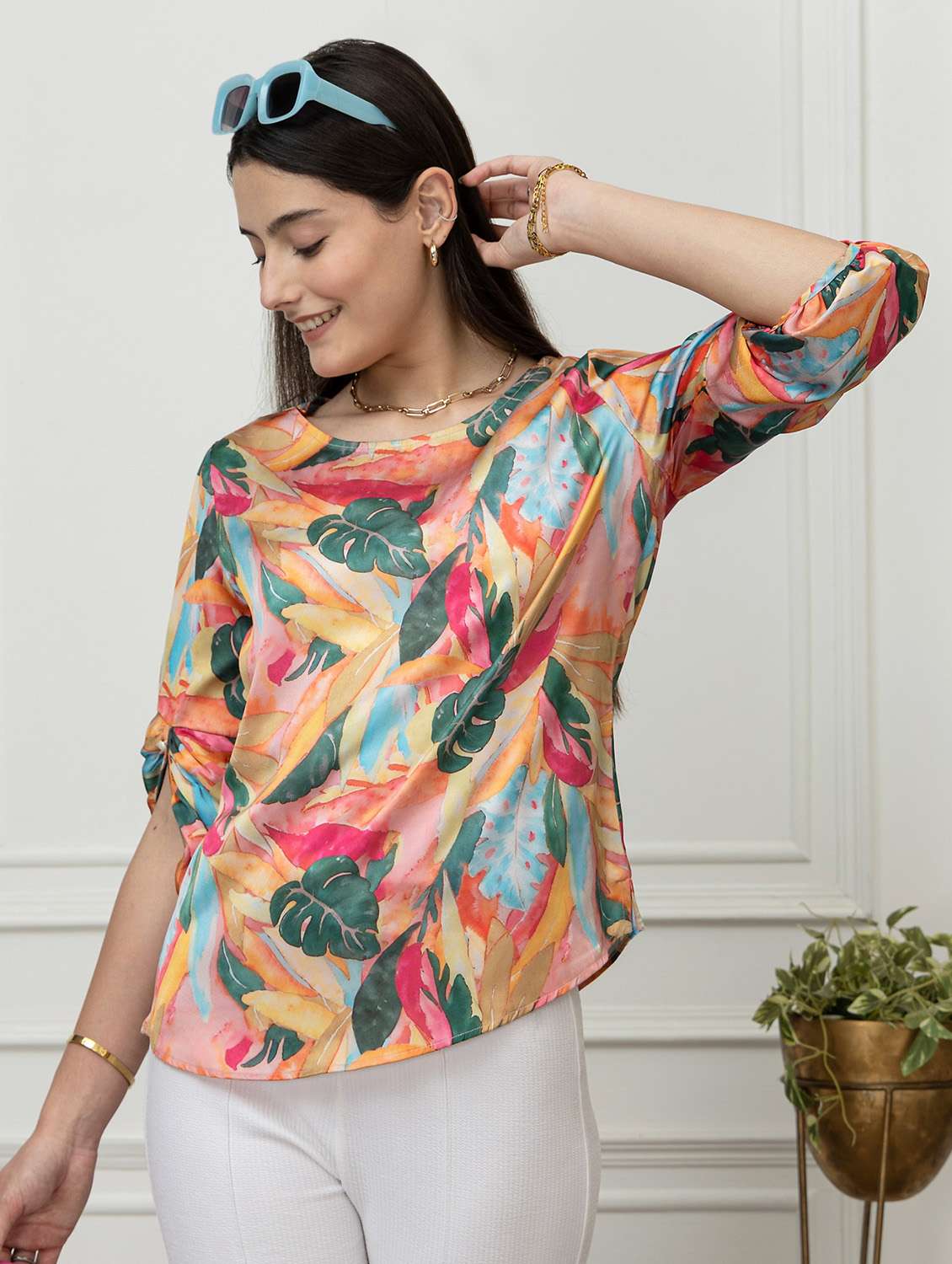 women floral pink satin regular top - 22443625 -  Standard Image - 2