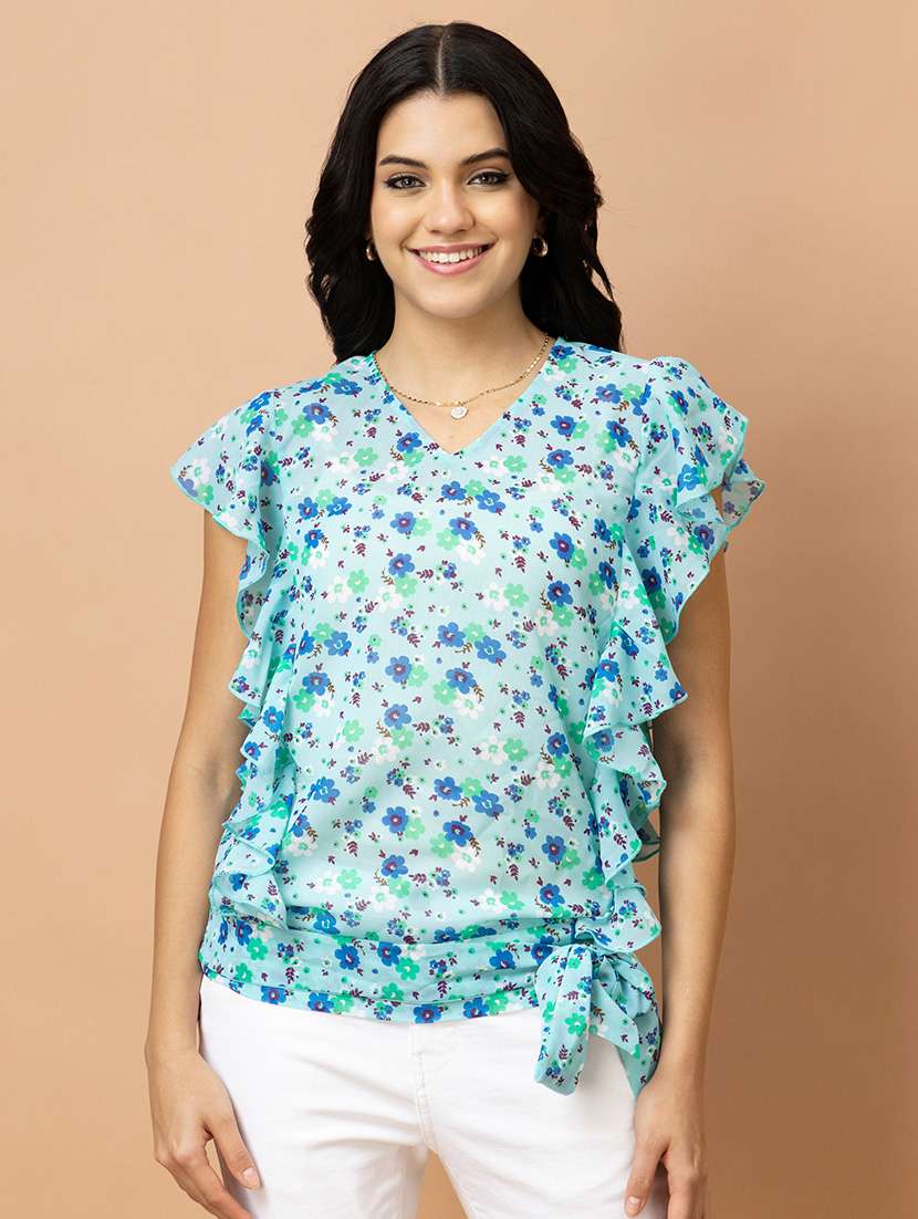 women floral blue georgette regular top