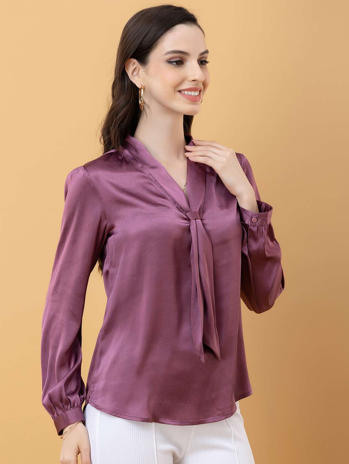 Women Solid Purple Satin Regular Top - 22443653 -  Standard Image - 2