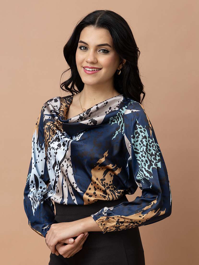 women animal print navy blue satin regular top - 22443657 -  Standard Image - 2