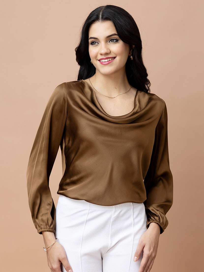 women solid brown satin regular top