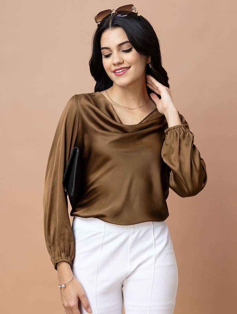 women solid brown satin regular top - 22443660 -  Standard Image - 2