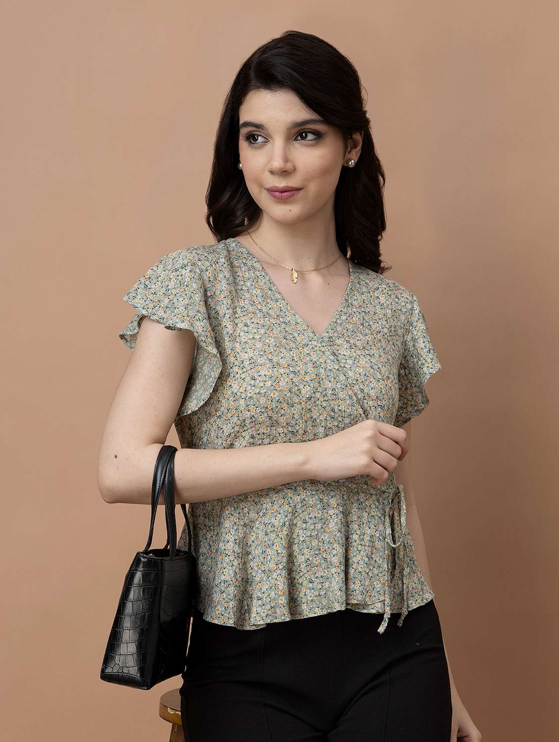 women printed short sleeve wrap top - 22443681 -  Standard Image - 2