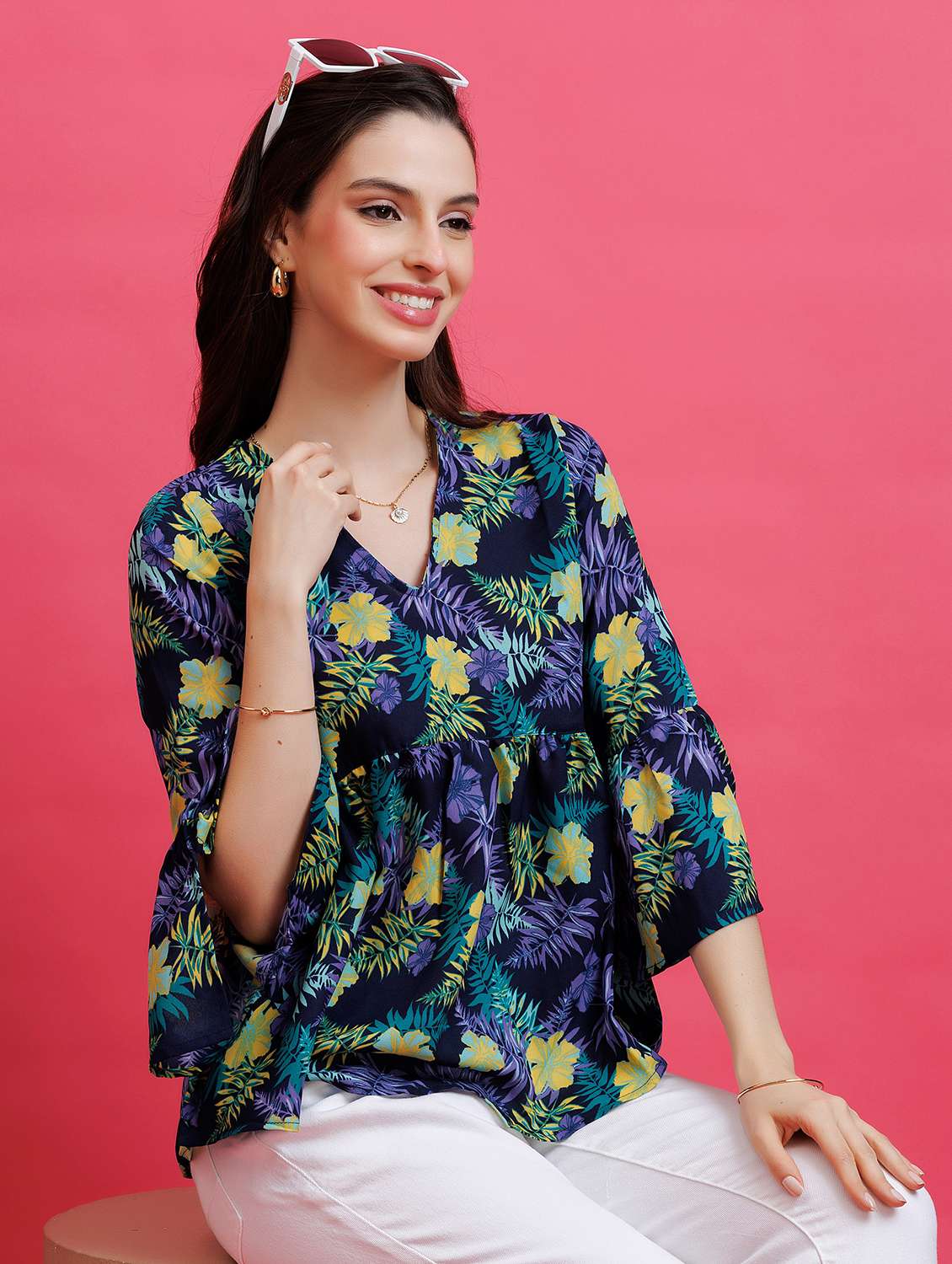 Women Printed Black Crepe Regular Top - 22443694 -  Standard Image - 2
