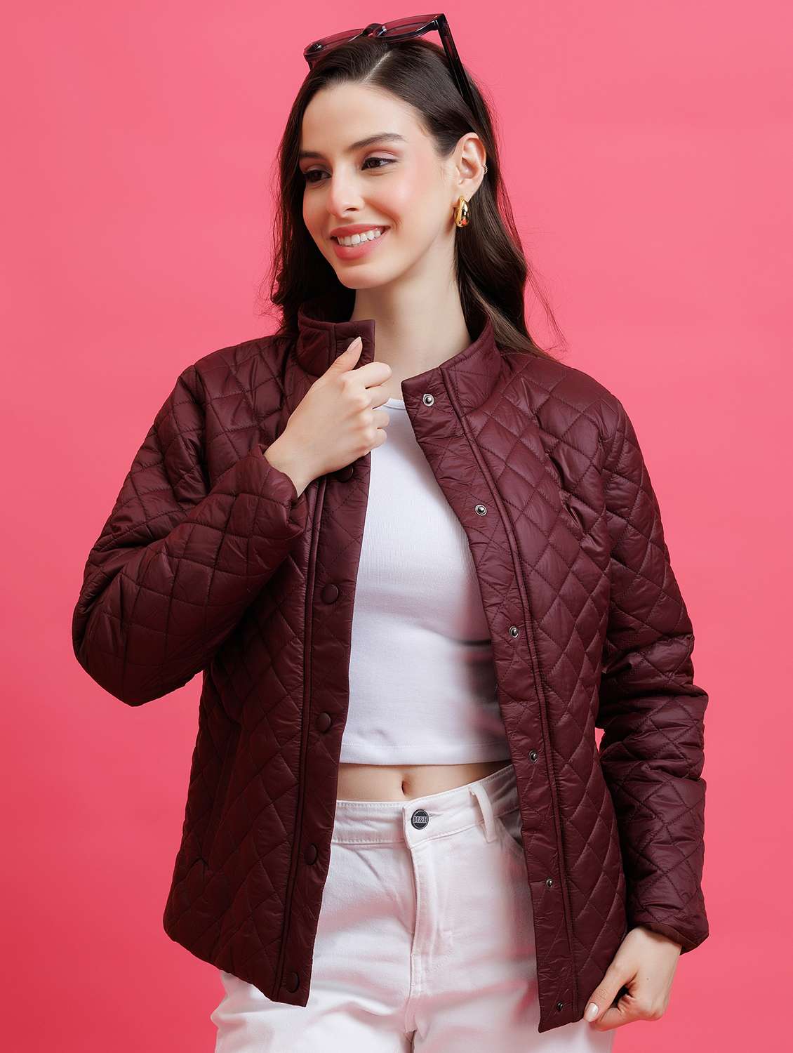 women solid nylon stand collar regular jacket - 22443700 -  Standard Image - 2